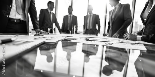 A group of men are sitting around a table with papers and pens. They are all dressed in suits and ties, and appear to be discussing something important. Scene is serious and professional