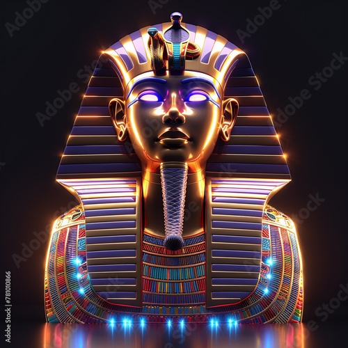 Neon-Lit Pharaoh Tutankhamun Bust on Dark Background photo