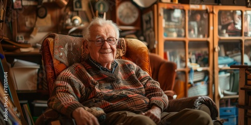 An elderly man is sitting in a chair in a cluttered room. He is smiling and he is enjoying his time. The room is filled with various items, including books, a clock, and a vase