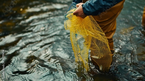 A person standing waistdeep in a serene river holding a net as they assist in capturing and tagging a group of migrating fish for research purposes. . photo
