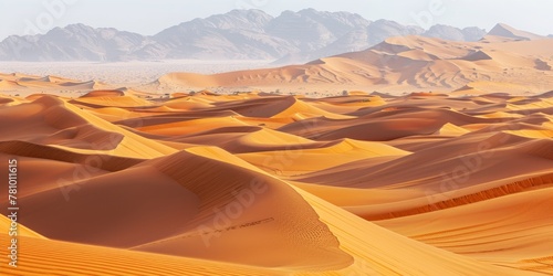 A desert landscape with sand dunes and mountains in the background. The scene is peaceful and serene, with the sun shining brightly on the sand