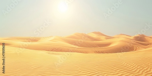 A desert landscape with a sun in the sky. The sun is shining brightly on the sand dunes, creating a warm and inviting atmosphere. The vast expanse of sand stretches out in all directions