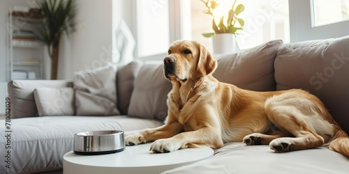 A dog is laying on a couch next to a bowl. The dog is brown and he is relaxed