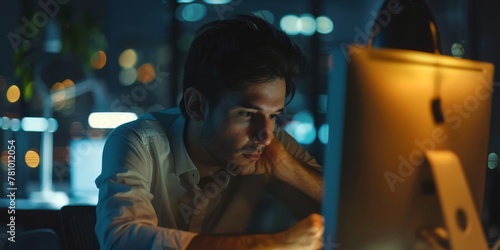 A man is sitting in front of a computer monitor, looking at it with a sad expression. He is working on something important, but it seems like he is struggling or feeling overwhelmed photo