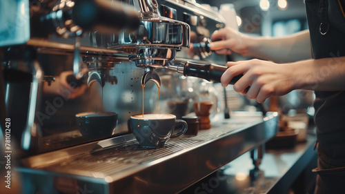 Person is preparing espresso using professional coffee machine with two cups underneath
