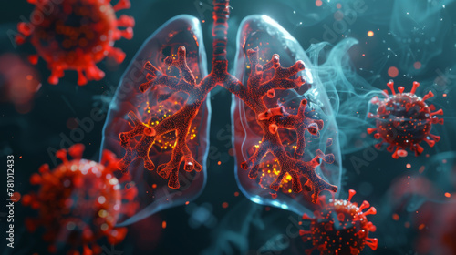 3D rendering of human lungs with virus in the style of mr. background photo