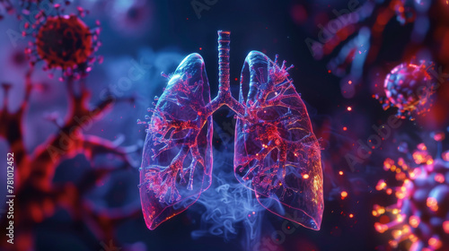 3D rendering of human lungs with virus in the style of mr. background