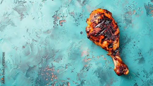 Grilled chicken leg with crispy skin on blue textured surface splashes photo