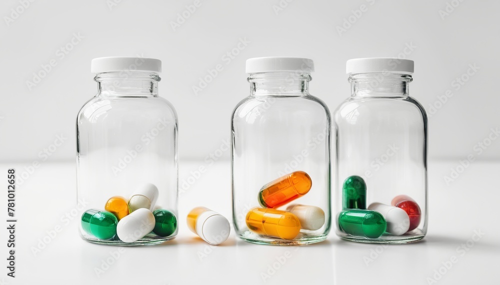 Pharmacy Concept: Tablets in Glass Bottles on a White Background Pharmacy Concept: Tablets in Glass Bottles on a White Background