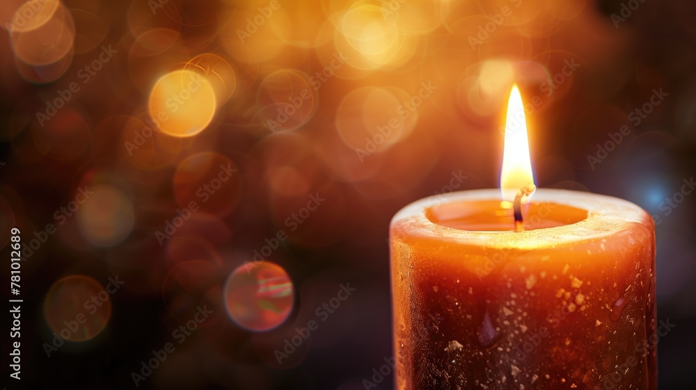 Close-up of lit candle with warm glow and bokeh lights in background