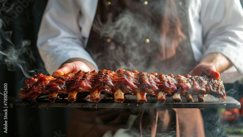 Chef in apron holding large tray of barbecued ribs with smoke rising