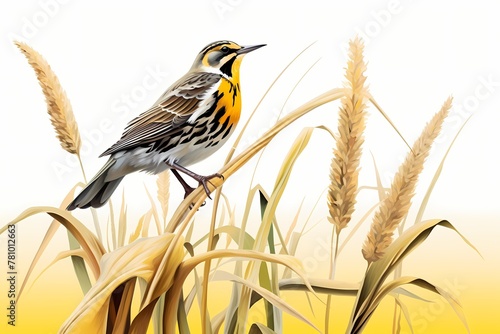 Whimsical meadowlark perched on a swaying reed, melodious song captured in the stillness of a moment, isolated on white solid background photo