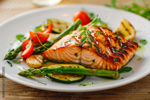 baked, salmon, fillet, asparagus, vegetables, white plate, wooden background, food, cuisine, gourmet, delicious, healthy, meal, dinner, seafood, cooking, culinary, dish, fresh, nutrition, cooking, kit