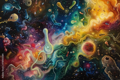 Image of microscopic bacteria of all shapes and sizes swirling in a microbial cosmic landscape.