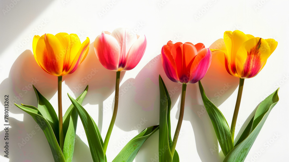 Colorful tulips with shadow play on a white background reflecting the sun's warm hues