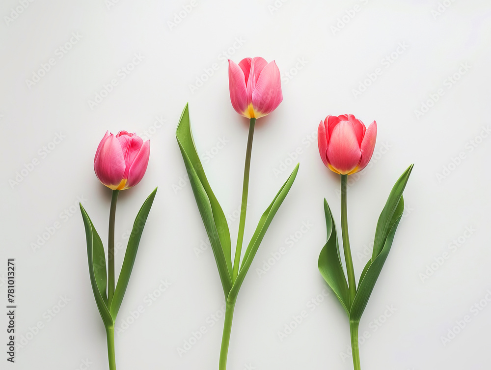Fototapeta premium Colorful tulips with shadow play on a white background reflecting the sun's warm hues