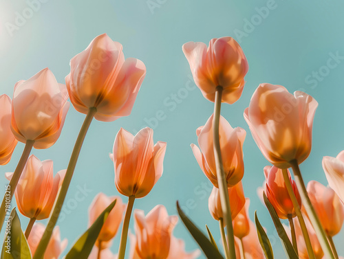 Vibrant tulips reaching towards the sky in a vertical shot  petals capturing the essence of spring