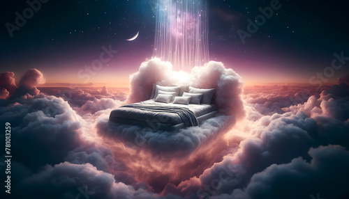 A comfortable bed with fluffy sheets floats on a big cloud floating in the sky. Gives a pleasant feeling. #781013259