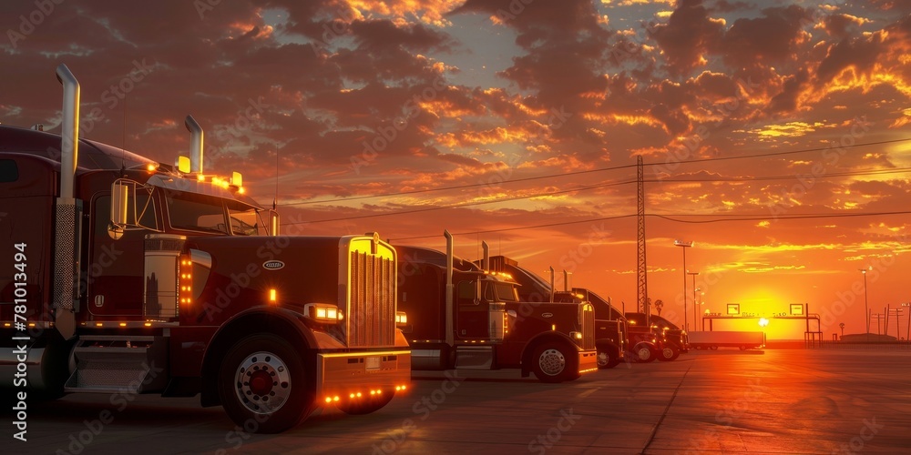A row of semi trucks are parked in a lot, with the sun setting in the background. The trucks are all red and have their headlights on, creating a sense of anticipation for the night ahead A row of semi trucks are parked in a lot, with the sun setting in the background. The trucks are all red and have their headlights on, creating a sense of anticipation for the night ahead
