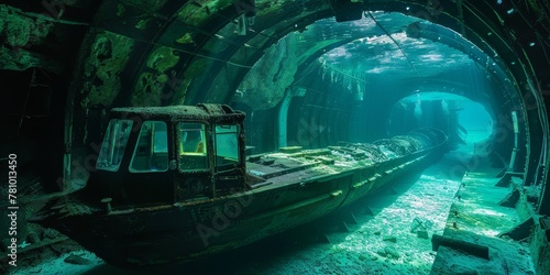 A boat is floating in a tunnel with a greenish tint. The tunnel is dark and murky, giving the scene a mysterious and eerie atmosphere photo