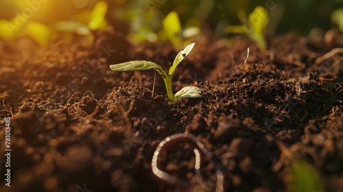 A close-up of soil with organic matter, earthworms, and young plants sprouting, symbolizing soil regeneration and health Rich