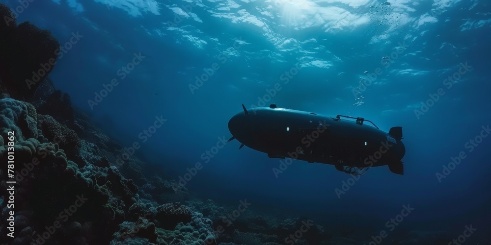 A submarine is floating in the ocean. The water is dark blue and the sky is cloudy. Scene is mysterious and adventurous A submarine is floating in the ocean. The water is dark blue and the sky is cloudy. Scene is mysterious and adventurous