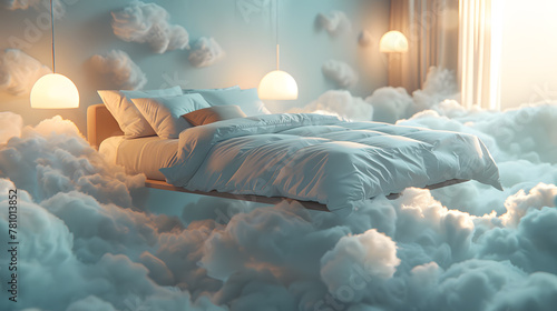 A comfortable bed with fluffy sheets floats on a big cloud floating in the sky. Gives a pleasant feeling. photo