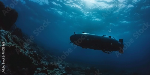 A submarine is floating in the ocean. The water is dark blue and the sky is cloudy. Scene is mysterious and adventurous