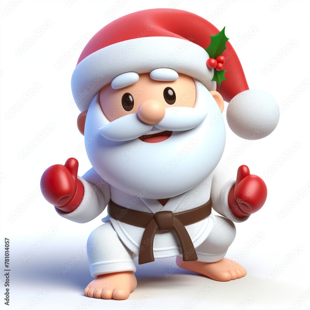 Cute character 3D image of a Santa playing Karate or Judo, funny, happy, smile, white background Cute character 3D image of a Santa playing Karate or Judo, funny, happy, smile, white background