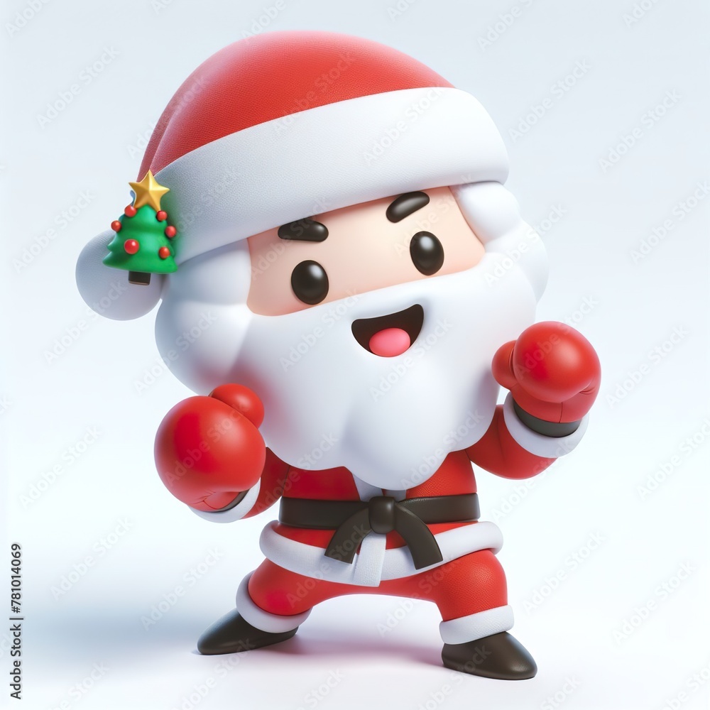 Cute character 3D image of a Santa playing Martial arts, funny, happy, smile, white background Cute character 3D image of a Santa playing Martial arts, funny, happy, smile, white background