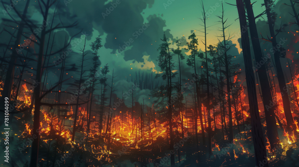 Obraz premium Animated depiction of Earth's natural beauty marred by scars of deforestation, mining, and urban sprawl, all ablaze,