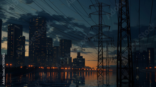 Animated depiction of cities losing power, plunged into darkness due to unsustainable energy use, #781014082