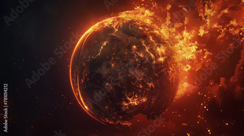 Animated portrayal of a breaking point, where Earth, engulfed in flames, finally shatters under the pressure of human exploitation,