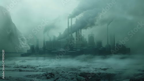 Animated sequence of glaciers vanishing in steam, with industrial complexes emerging from the mist, triumphant yet foreboding,