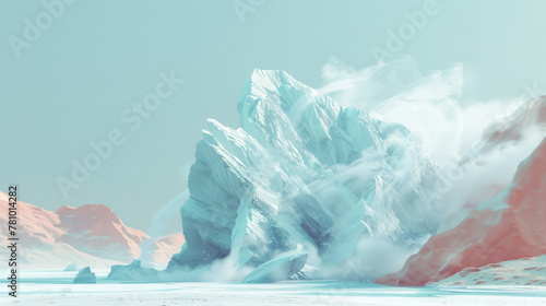 Animated sequence of icebergs calving, not into water, but directly into deserts, an unsettling fusion of climate extremes, photo