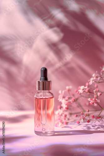 Serum dropper bottle mockup on pastel background with soft light and shadows