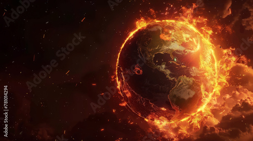 Animated sequence showing the Earth's core overheating, as layers of exploitation and greed wrap around the planet,