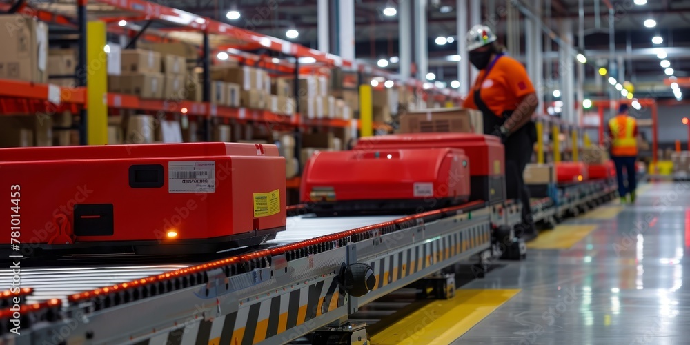 Naklejka premium A man in an orange shirt is working in a warehouse. There are many red robots on a conveyor belt