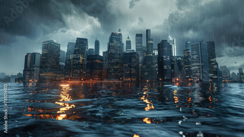 Animation showing the gradual envelopment of a bright, bustling coastal city by rising dark waters, photo