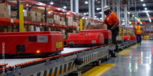 A man in an orange shirt is working in a warehouse. There are many red robots on a conveyor belt