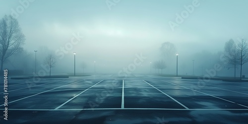 An empty parking lot on a cold, wet, foggy evening. An atmosphere of peace, mystery and mysticism. Generative AI photo