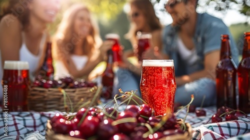 Group Of Friends Enjoying Picnic With Cherry Beer On Sunny Day  Focus On Foreground With Glass of Beer And Fresh Cherries  Summer Leisure Concept  AI Generated