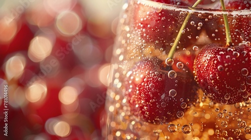 Close-Up Of Sparkling Cherry Drink With Dewy Fresh Cherries In Glass, Bokeh Background with Copy Space. Festive Celebrations, Cherry Beer, Summer Refreshment. AI Generated