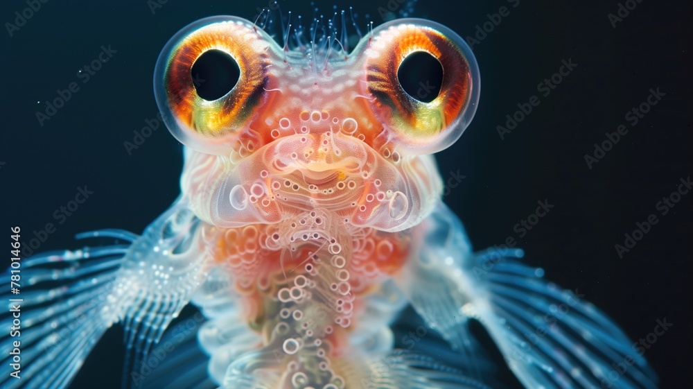 Close-up of colorful, translucent blenny fish with large eyes against dark blue background - obrazy, fototapety, plakaty 