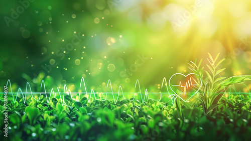 Vivid image of fresh green foliage with heart rate line and glowing particles, symbolizing health nature