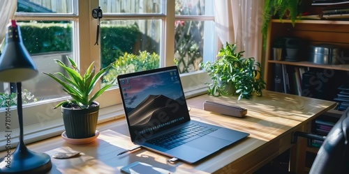 A laptop is open on a desk with a potted plant next to it. The laptop is displaying a picture of a mountain. Concept of productivity and relaxation