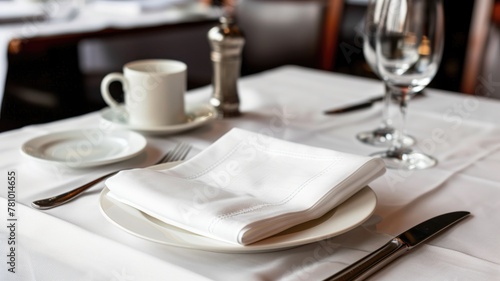 Elegantly set table with white napkin  cutlery  and dinnerware ready for meal