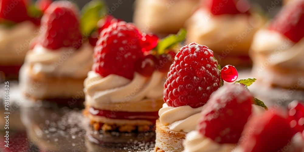 A close up of a dessert with a raspberry on top A close up of a dessert with a raspberry on top