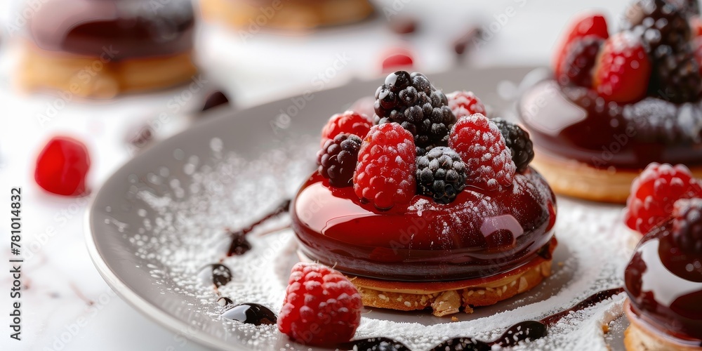 A plate of dessert with a raspberry topping A plate of dessert with a raspberry topping