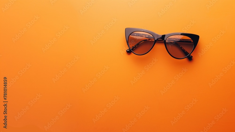 Black sunglasses resting on vibrant orange background with ample space for text Black sunglasses resting on vibrant orange background with ample space for text